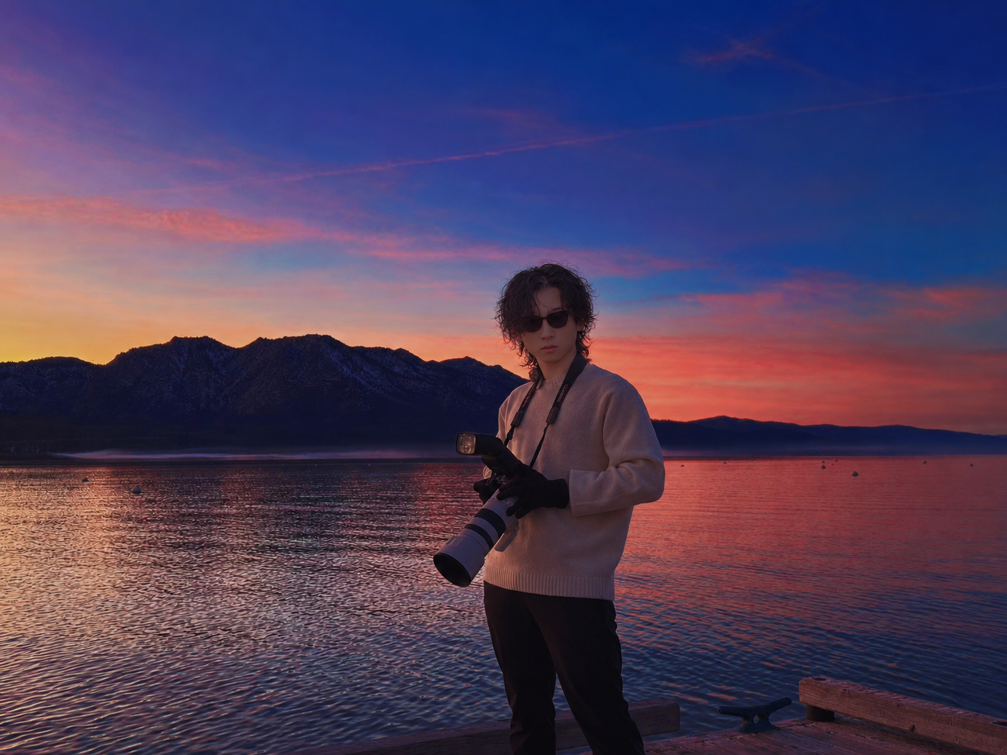 Moros holding a camera beside a lake at sunset